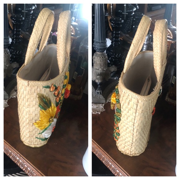 Stunning Vintage 60’s Wicker Seagrass Woven Embroidery Handbag Tote - Picture 8 of 9